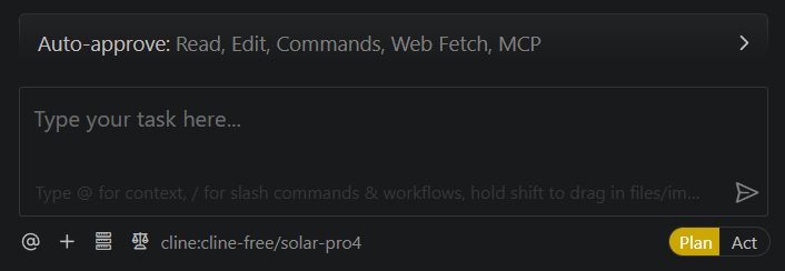 Cline chat with Plan and Act toggle