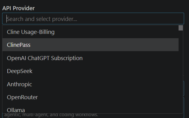 Cline provider dropdown
